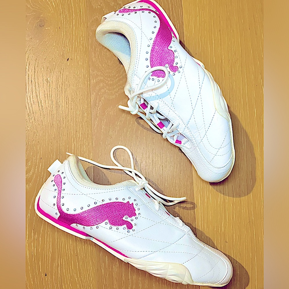 Puma Aiki Cat Bling White Super Pink Rhinestone Embellished Sneakers Size 9.5